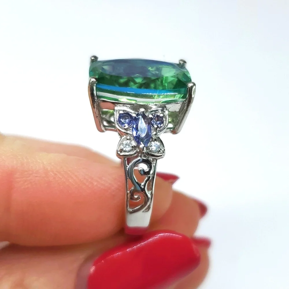 Peacock Triplet Quartz Butterfly Tanzanite Ring Platinum Sterling Silver